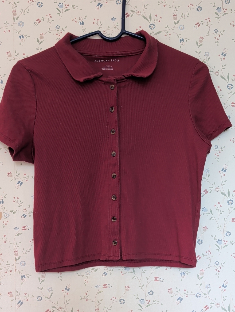 American Eagle Outfitters Women's Short-Sleeve Button Front Polo Rust Large Prep